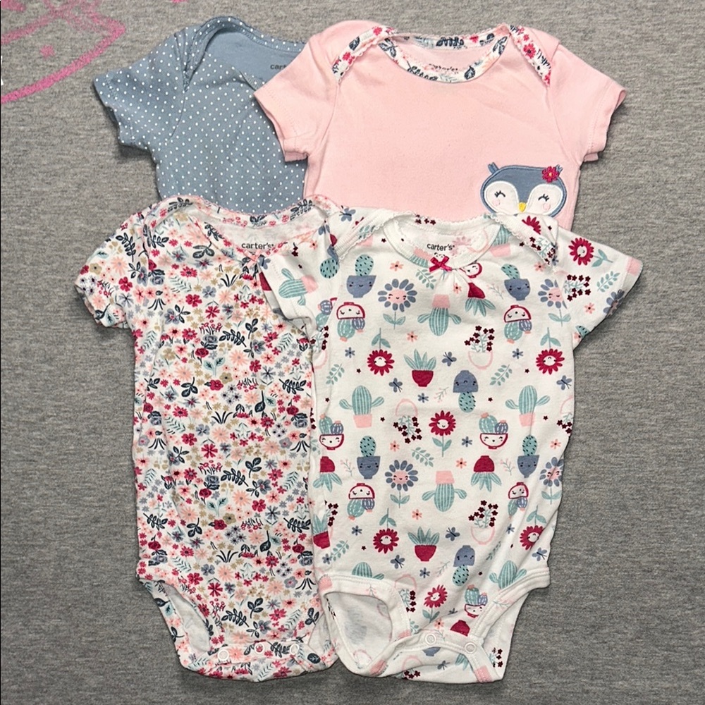 Set of 4 Carter’s Baby Girls Onesies Bodysuits Size 9 Months